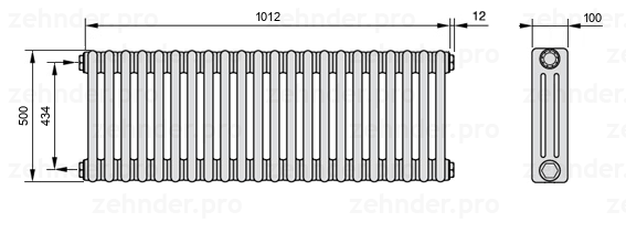 Схема (чертеж) Радиатор Zehnder Charleston 3050/22 №1270 Белый глянцевый RAL 9016